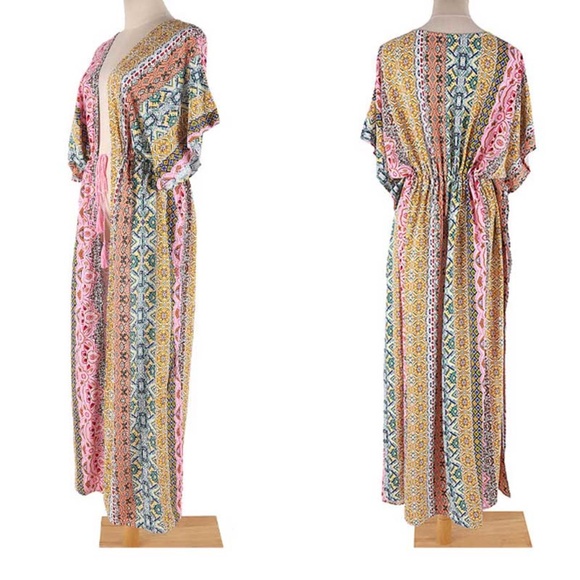 Boho Gypsy Color Block Pink Kimono Cover Up Beach - Picture 5 of 7